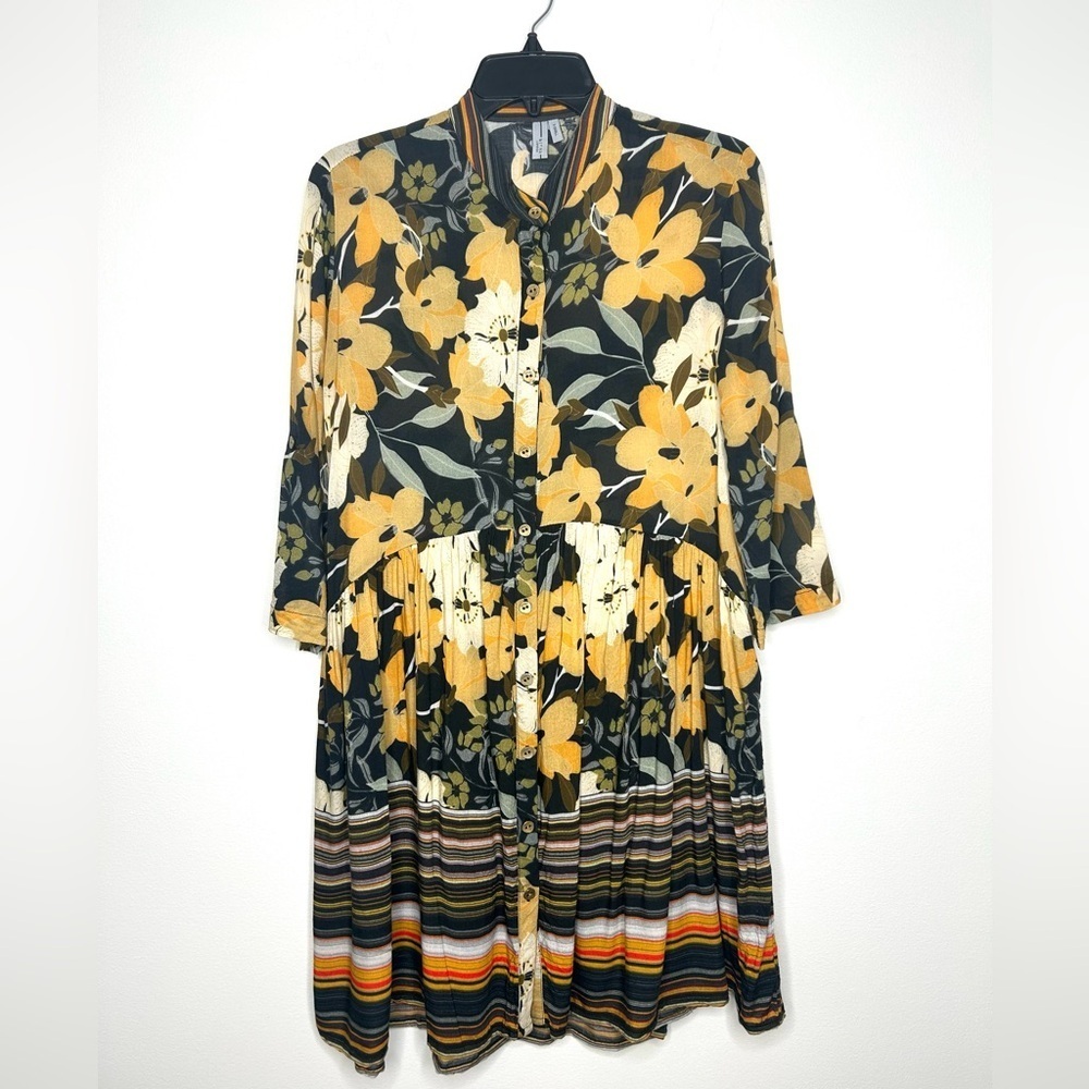Anthropologie Blink London Floral Shirt Dress XS Black/Blue Gold Roll Tab Sleeve